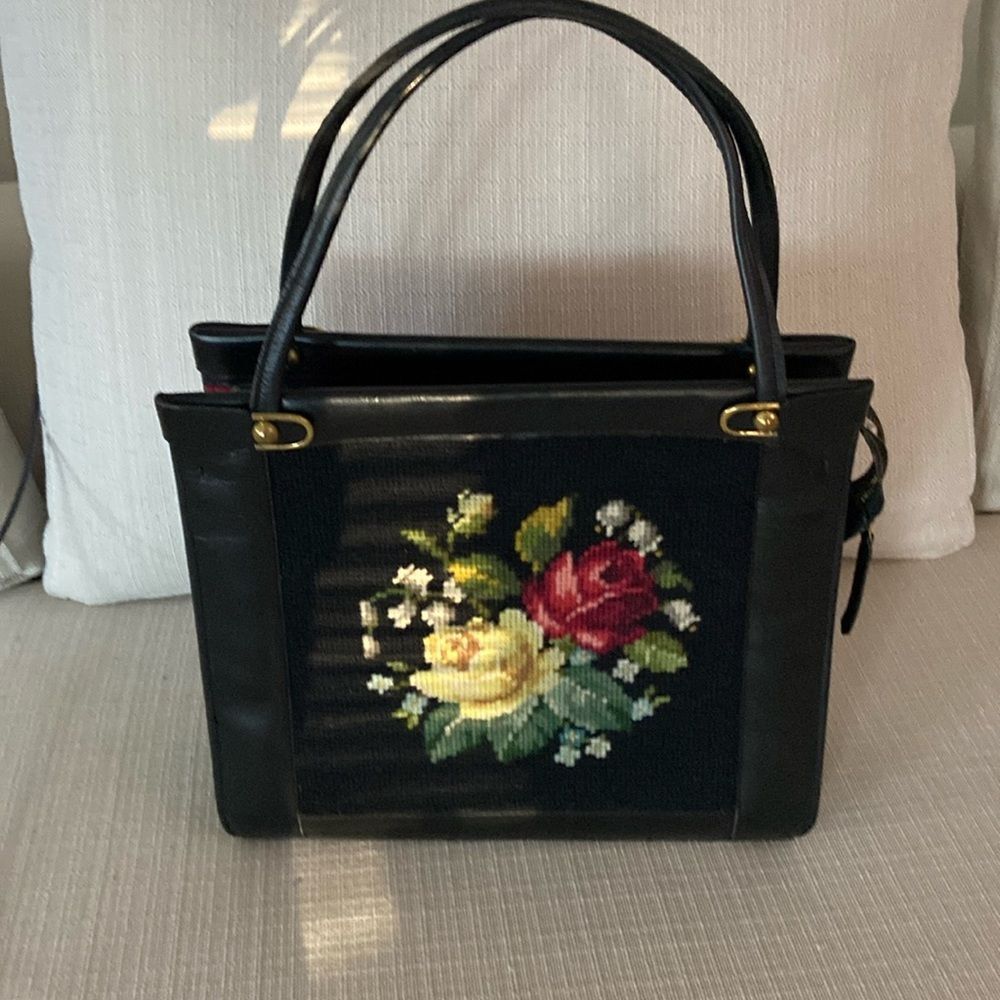 Vintage Black Leather & Handmade Needlepoint Handbag